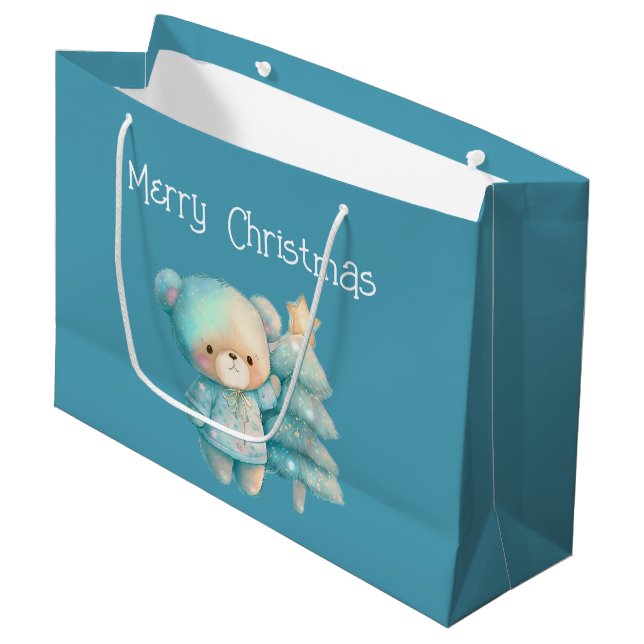 Grand Sac Cadeau Bear mignonne et sapin de Noël Turquoise (Devant Angle)