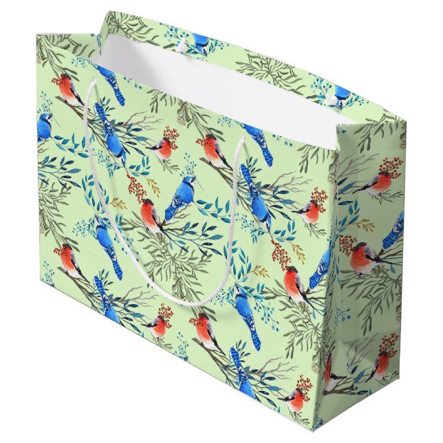 Grand Sac Cadeau Beau Aquarelle Oiseaux et Motif de Foliage (Dos Angle)