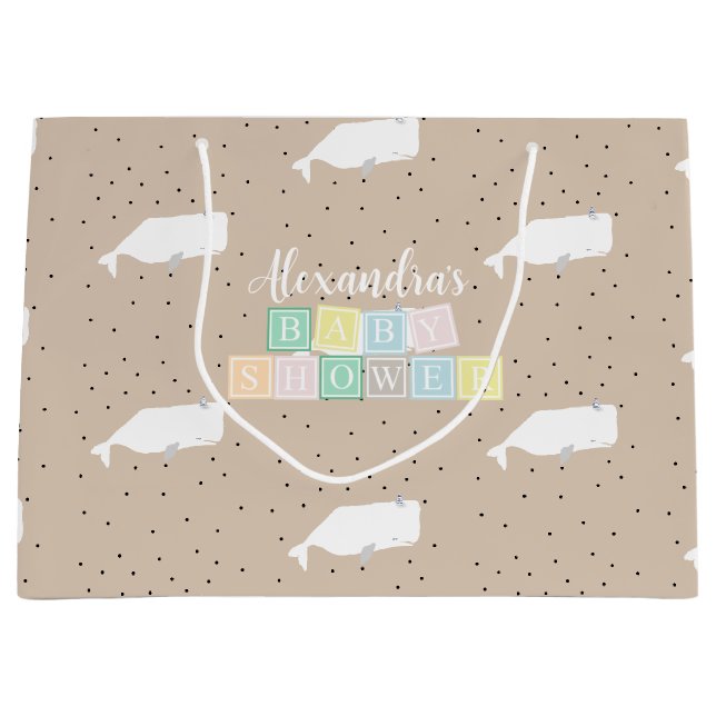 Grand Sac Cadeau Beau Baby shower baleine blanche Beige neutre (Devant)