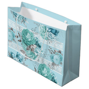 Grand Sac Cadeau Beau bleu Rose détails dentelle