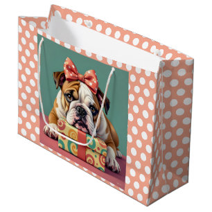 Grand Sac Cadeau Beau Bulldog Anniversaire Polka Dot
