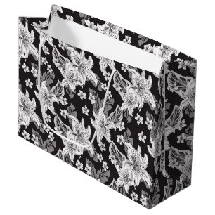 Grand Sac Cadeau Beau motif de fleurs noir blanc