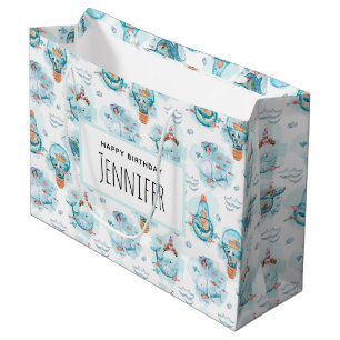 Grand Sac Cadeau Beaux Baleines nautiques Aquarelle Motif Anniversa