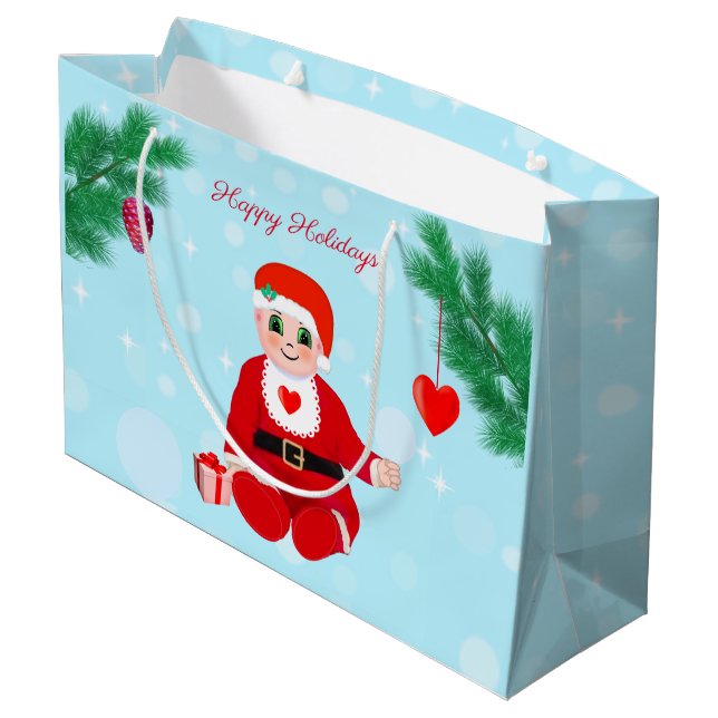 Grand Sac Cadeau bébé de Noël, coeur et pin (Dos Angle)