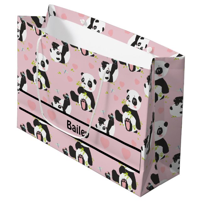 Grand Sac Cadeau Bébé Panda Ours Pink Coeurs personnalisés (Devant Angle)