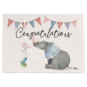 Grand Sac Cadeau Bébé Rhinoceros & Birdies Peint Garçon Bébé