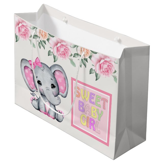 Grand Sac Cadeau Bébé rose mignonne Eléphant Douce Bébé Fille (Devant Angle)