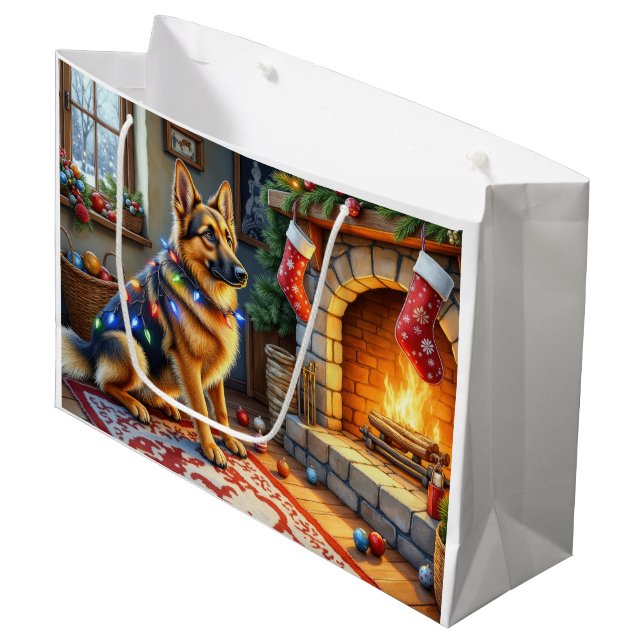Grand Sac Cadeau Belgian Shepherd Fireplace with Christmas Lights (Devant Angle)