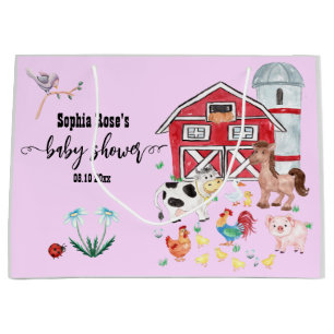 Grand Sac Cadeau Belle ferme animaux Baby shower rose