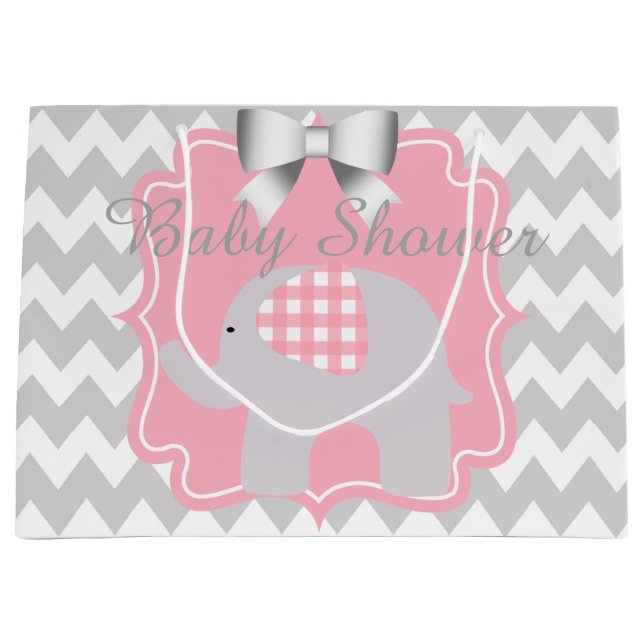Grand Sac Cadeau Belle fête Baby shower rose Personnalisé Eléphant (Devant)
