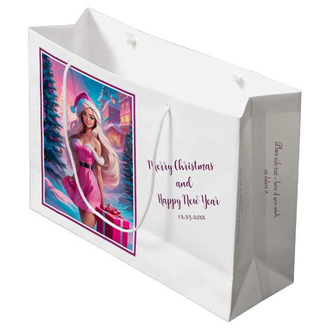 Grand Sac Cadeau Belle fille de Noël rose 01 (Devant Angle)