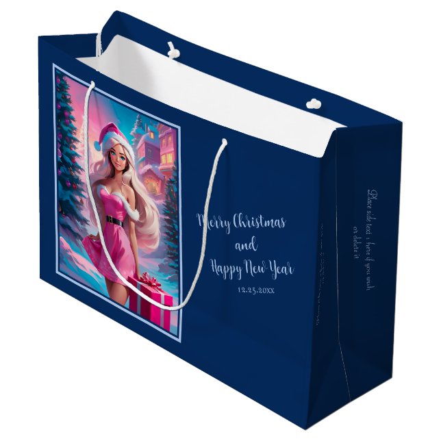 Grand Sac Cadeau Belle fille de Noël rose 01 (Devant Angle)