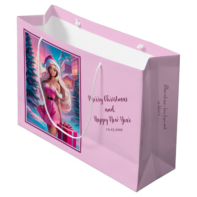 Grand Sac Cadeau Belle fille de Noël rose 01 (Devant Angle)