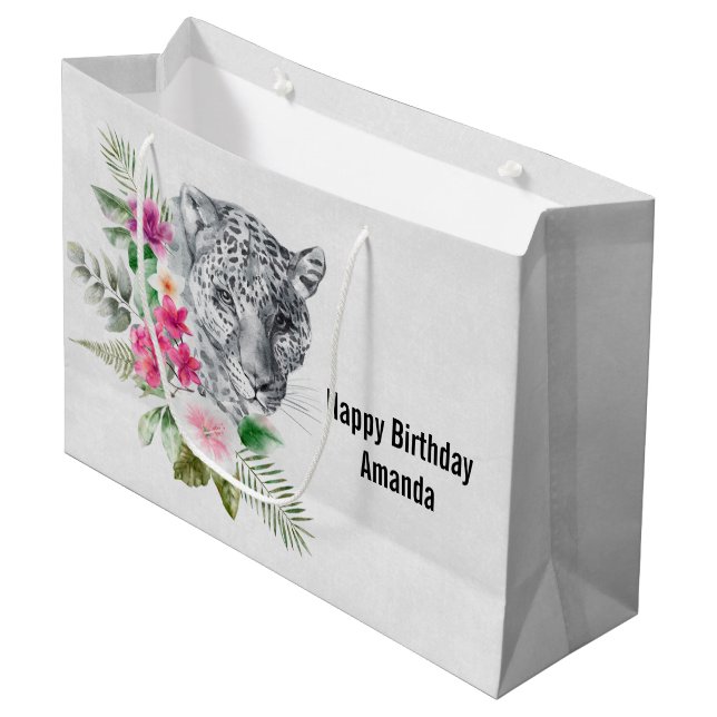 Grand Sac Cadeau Belle Tête de léopard en aquarelle Anniversaire (Devant Angle)