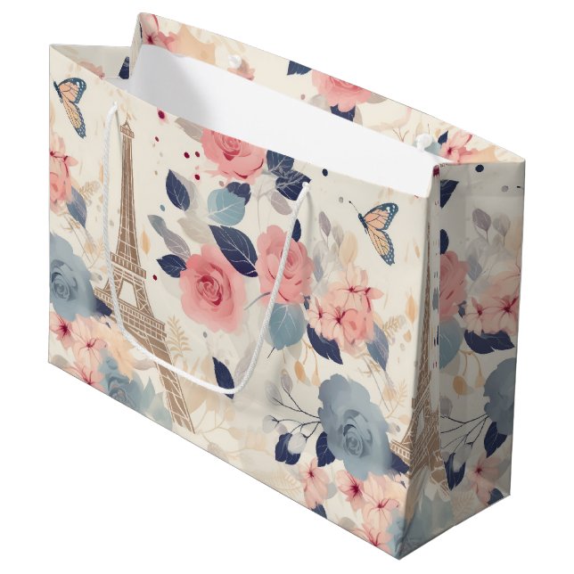 Grand Sac Cadeau Belles Fleurs et Tour Eiffel Paris (Devant Angle)