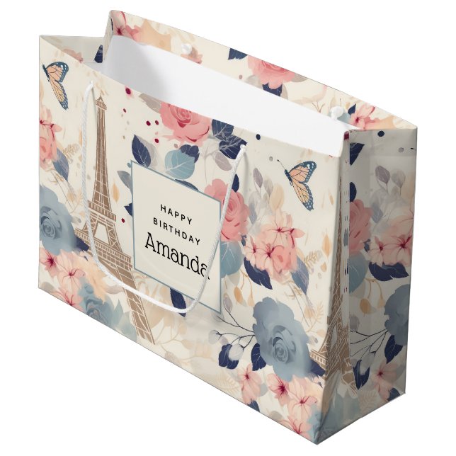 Grand Sac Cadeau Belles Fleurs et Tour Eiffel Paris Anniversaire (Devant Angle)