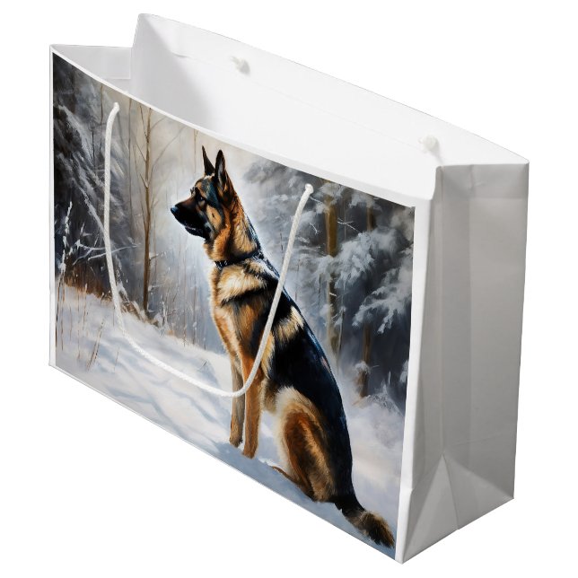 Grand Sac Cadeau Berger Allemand Laisser Neige Noël (Devant Angle)