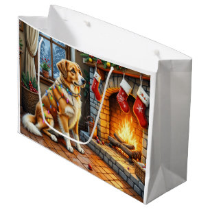 Grand Sac Cadeau Berger d'Anatolie Cheminée avec Lumières de Noël