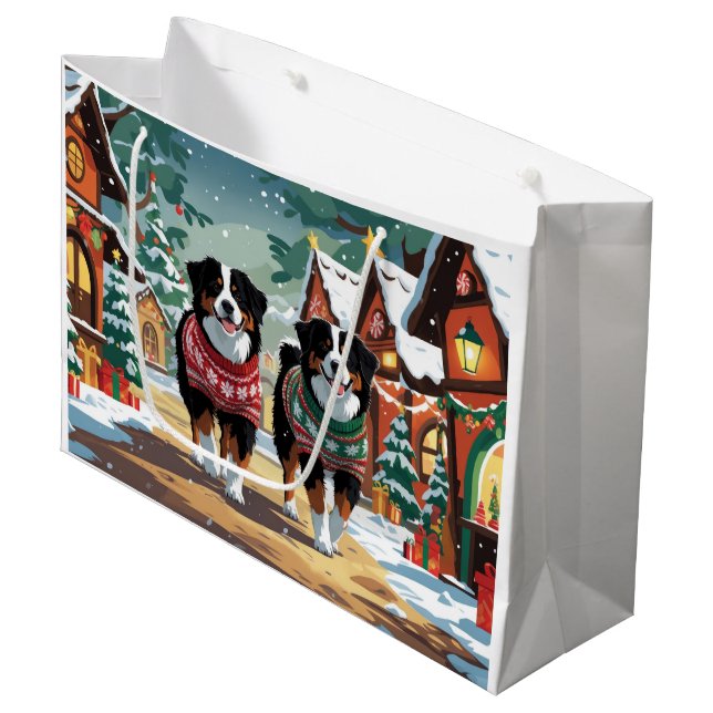 Grand Sac Cadeau Bernese Mountain Dogs Christmas Snow Holiday (Devant Angle)