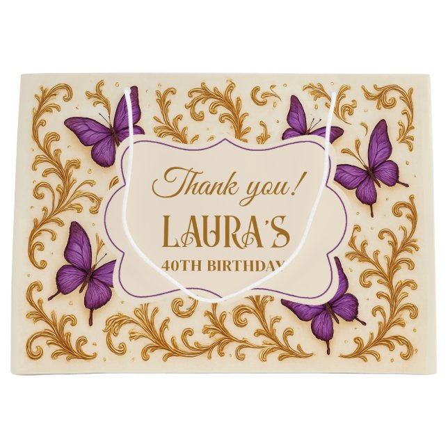 Grand Sac Cadeau Beurre royal d'or violet personnalisé Anniversaire (Devant)