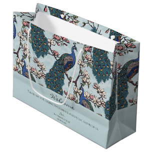Grand Sac Cadeau Bienvenue Paons Floraux Bleu Poussiéreux
