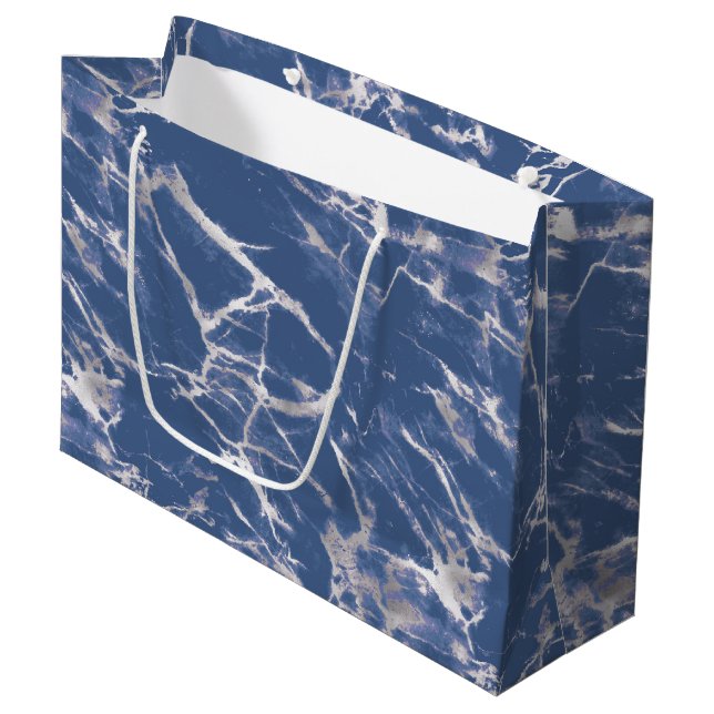 Grand Sac Cadeau Bille de marbre bleu argenté (Devant Angle)
