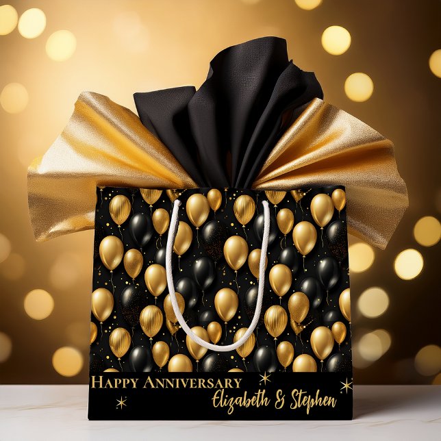 Grand Sac Cadeau Black | Ballons d'or Bonne Anniversaire (Elegant Black and Gold Faux Glitter Balloons Pattern A022 "Happy Anniversary" [Names] Large Gift Bag)