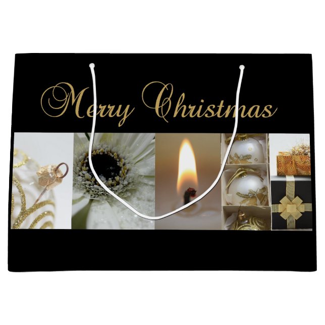 Grand Sac Cadeau Black Collage Christmas, White and Gold (Devant)
