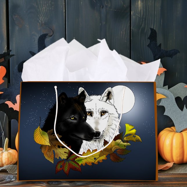 Grand Sac Cadeau Black White Wolves Moonlight Autumn Leaves (Créateur téléchargé)