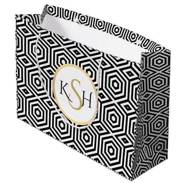Grand Sac Cadeau Blanc moderne sur Motif polygonal noir (Dos Angle)