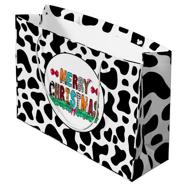 Grand Sac Cadeau Blancs noirs de vache Joyeux Noël (Dos Angle)