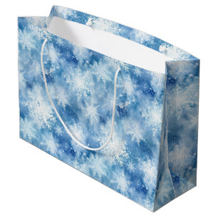 Grand Sac Cadeau Bleu avec flocons de neige Style aquarelle