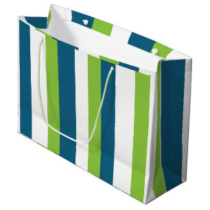 Grand Sac Cadeau Bleu Blanc Vert Frappes Verticales