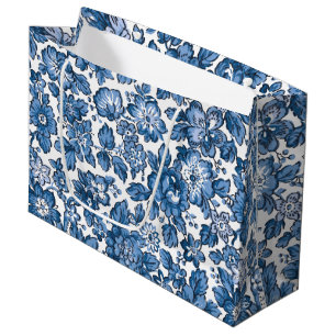 Grand Sac Cadeau Bleu Boho et flore blanche