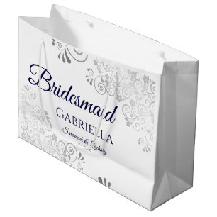 Grand Sac Cadeau Bleu de la marine en dentelle d'argent sur le Mari