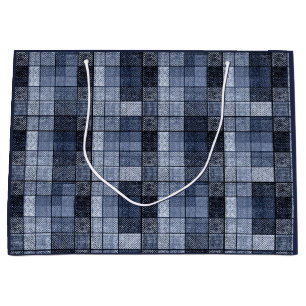 Grand Sac Cadeau Bleu, denim, tartan, plaid.