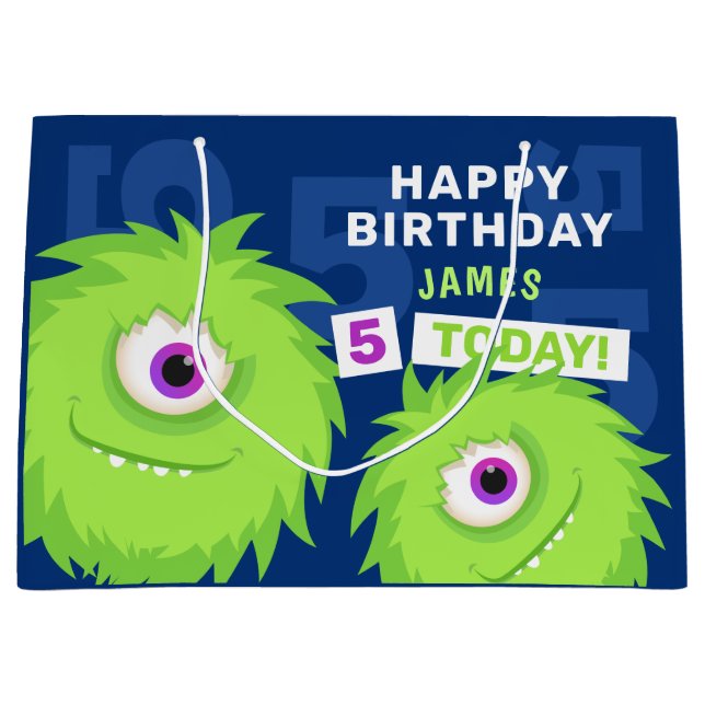 Grand Sac Cadeau Bleu et vert du petit monstre (Devant)