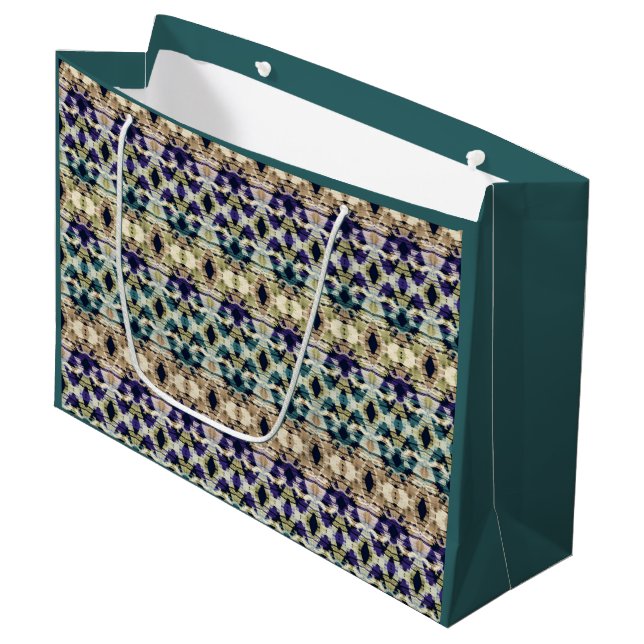 Grand Sac Cadeau Bleu ethnique, ikat beige (Devant Angle)