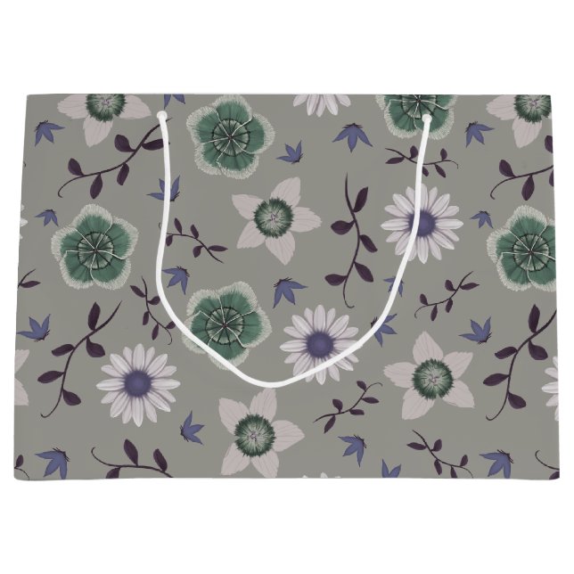Grand Sac Cadeau Bleu gris et vert Fleur sauvage moderne Botanique (Devant)