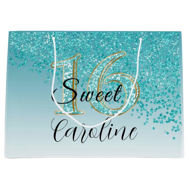 Grand Sac Cadeau Bleu Turquoise Parties scintillant doux 16 Anniver (Devant)