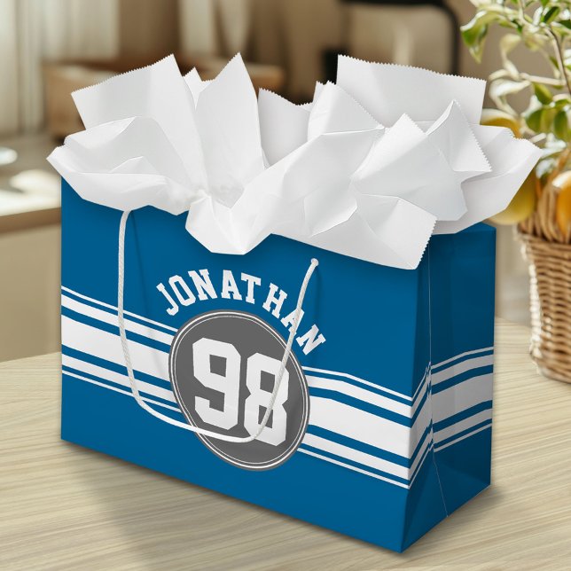 Grand Sac Cadeau Blue and Silver Sports Jersey Nom personnalisé Num (Custom Gift Bag)