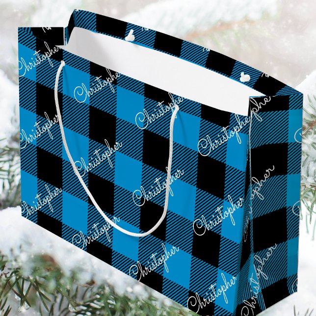 Grand Sac Cadeau Blue Buffalo Plaid Nom personnalisé Russe Noël (Créateur téléchargé)