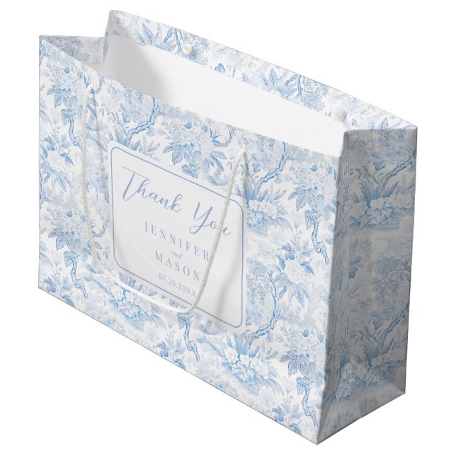 Grand Sac Cadeau Blue Chinoiserie Floral Wedding Thank You  (Devant Angle)