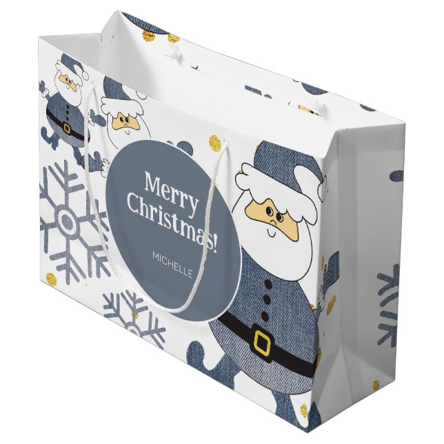 Grand Sac Cadeau Blue Gold Denim Christmas Père Noël personnalisé (Devant Angle)