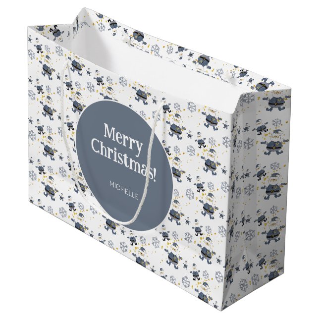 Grand Sac Cadeau Blue Gold Denim Christmas Père Noël personnalisé (Devant Angle)