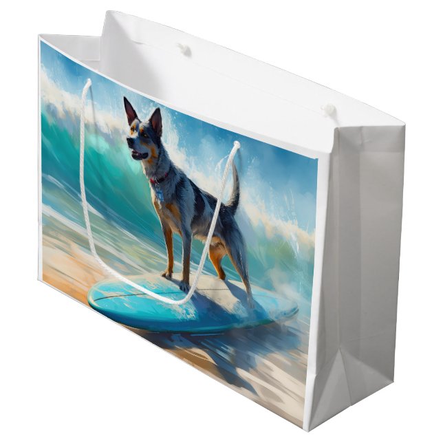 Grand Sac Cadeau Blue Heeler Beach Surfing Peinture (Devant Angle)
