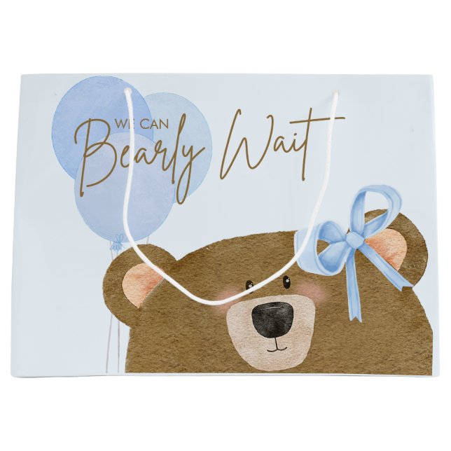 Grand Sac Cadeau Blue Teddy On Peut Attendre Un Baby shower Garçon (Devant)