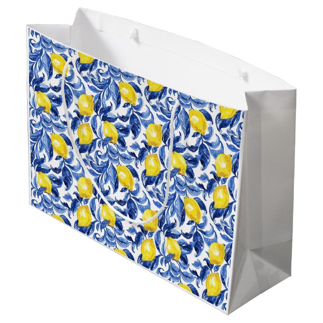 Grand Sac Cadeau Blue Watercolor Lemon Pattern  (Dos Angle)
