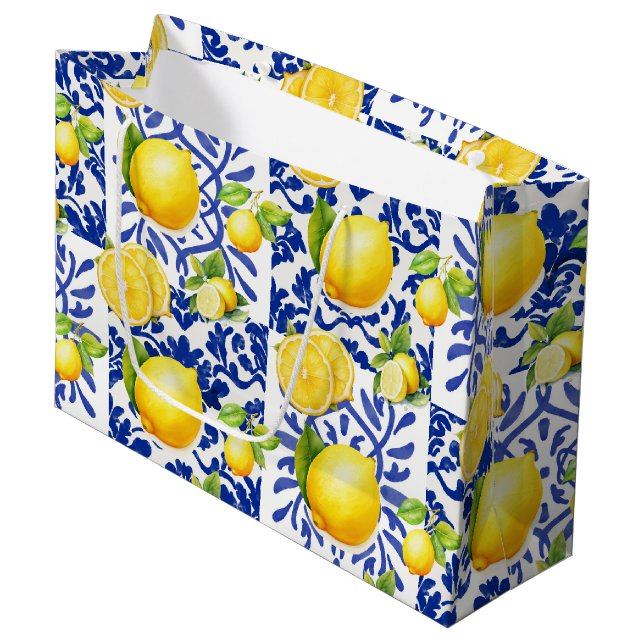 Grand Sac Cadeau Blue White Lemon Tile Pattern Mediterranean Citrus (Devant Angle)