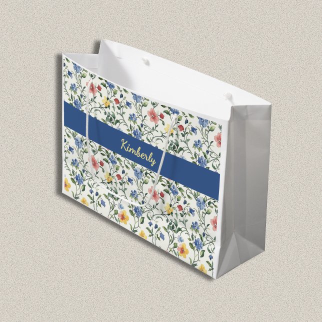 Grand Sac Cadeau Blue Yellow Watercolor Wildflower Monogram Name (Blue Yellow Watercolor Wildflower Monogram Large Gift Bag with Name or Initials.)